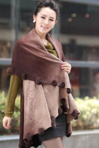 16-March-005 wool shawl with rabbit fur pom poms  (3)