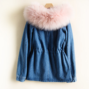 1611015 denim coat witrh rex rabbit fur lining with raccoon fur hood trimming eileenhou (15)