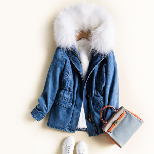 1611015 denim coat witrh rex rabbit fur lining with raccoon fur hood trimming eileenhou (20)