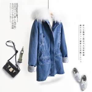 1611015 denim coat witrh rex rabbit fur lining with raccoon fur hood trimming eileenhou (5)