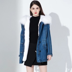 1705085 denim coat with rex rabbit fur lining with raccoon fur trimming lvcomeff (2)