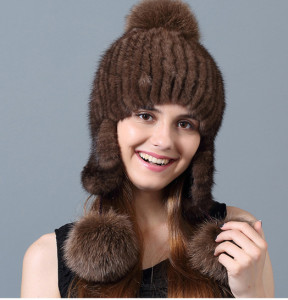 knitted mink fur hat with fox pompoms with earflap 1805097(26)