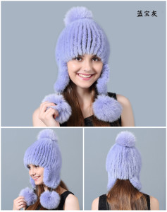 knitted mink fur hat with fox pompoms with earflap 1805097(33)