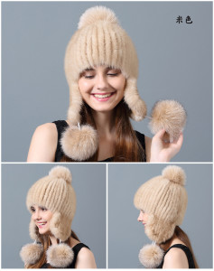 knitted mink fur hat with fox pompoms with earflap 1805097(34)
