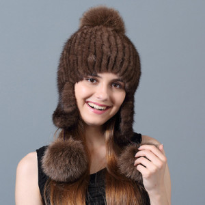 1808003 knitted mink fur hat with fox fur poms eileenhou (1)