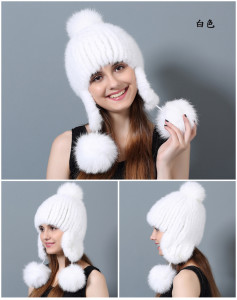 1808003 knitted mink fur hat with fox fur poms eileenhou (11)