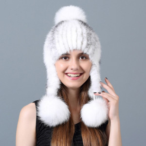 1808003 knitted mink fur hat with fox fur poms eileenhou (16)