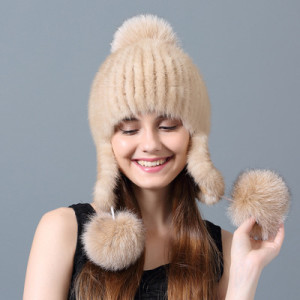 1808003 knitted mink fur hat with fox fur poms eileenhou (17)