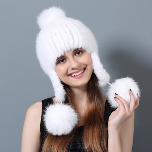 1808003 knitted mink fur hat with fox fur poms eileenhou (18)