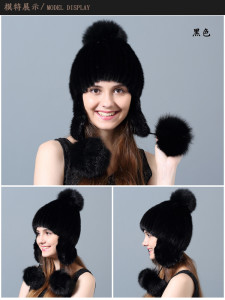 1808003 knitted mink fur hat with fox fur poms eileenhou (3)