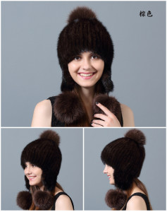 1808003 knitted mink fur hat with fox fur poms eileenhou (5)