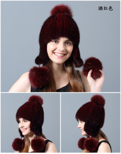 1808003 knitted mink fur hat with fox fur poms eileenhou (6)