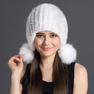 1808023 mink fur hat knitted with fox fur ball eileenhou (1)