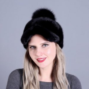 1809051 mink fur baseball hat with fox poms supplier (2)