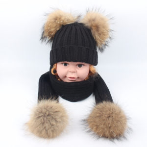 knitting raccoon poms hat set kid scarf knitting LVCOMEFF (19)1809054
