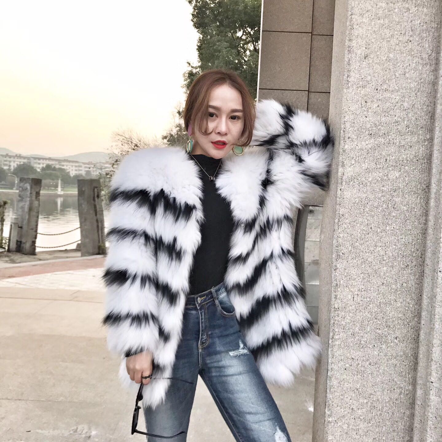 knitted fox fur coat with black white stripe 1705109 – Lvcomeff