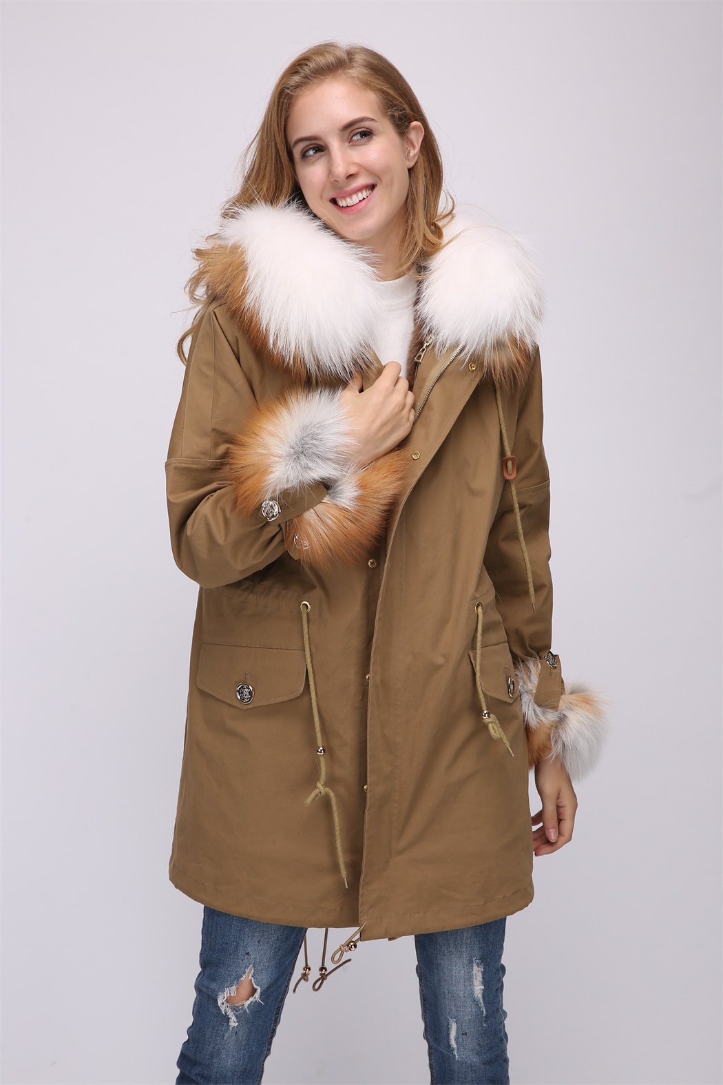 Parka coat with fox fur hood trimming with rex rabbit fur lining ...