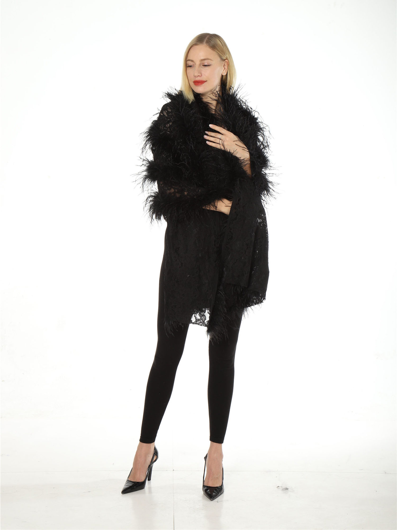 real ostrich feather shawl with lace lvcomeff 2210003 - Image 3