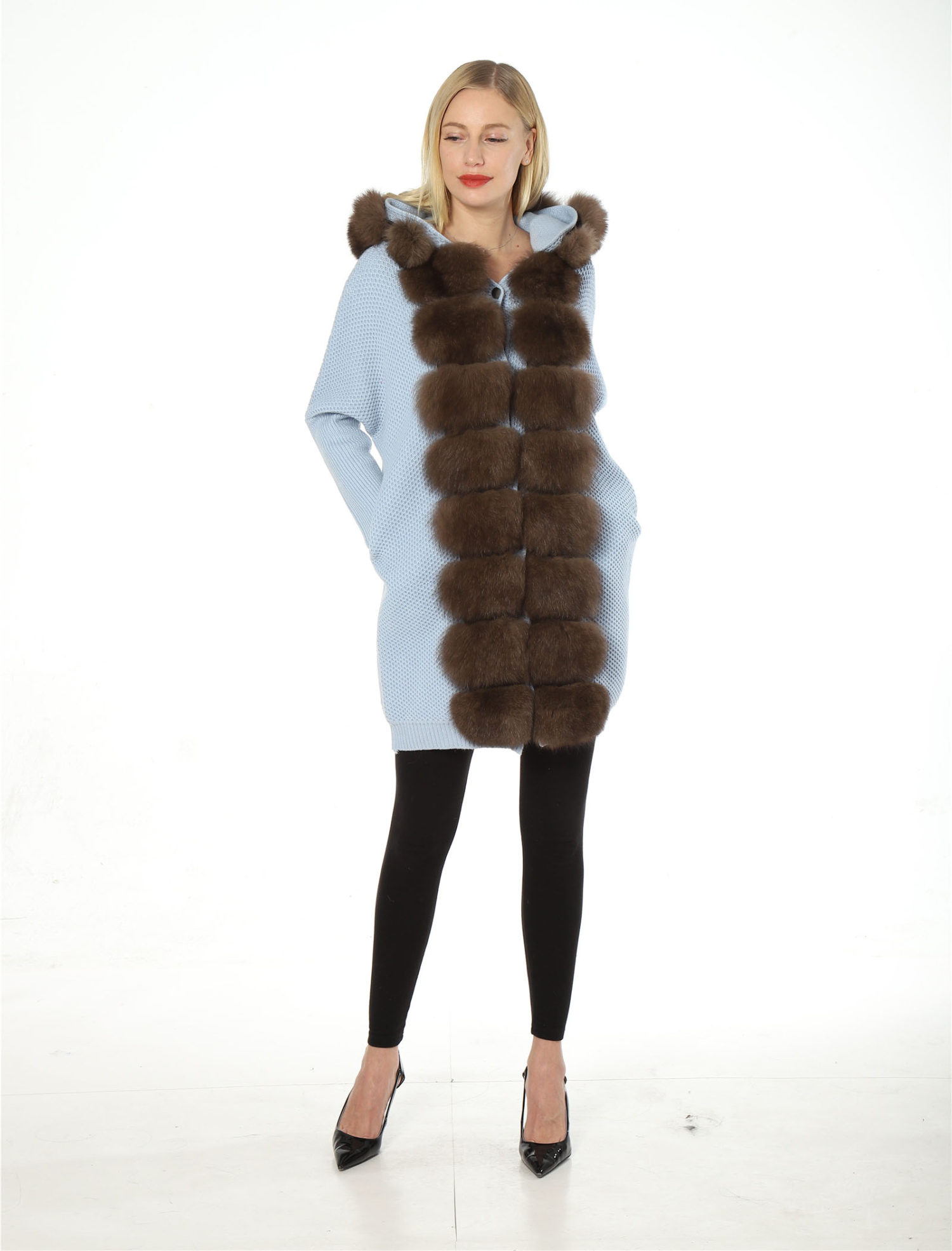 wool cardigan with fox fur front with hood trimming knitting jacket lvcomeff 2210015 - Image 2