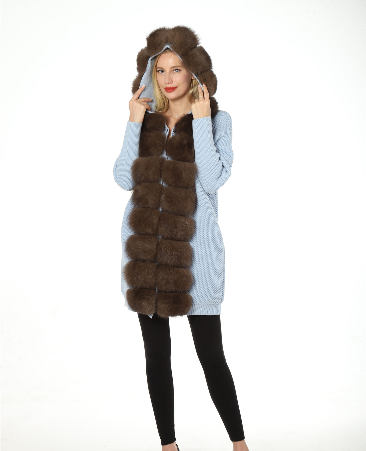 wool cardigan with fox fur front with hood trimming knitting jacket lvcomeff 2210015