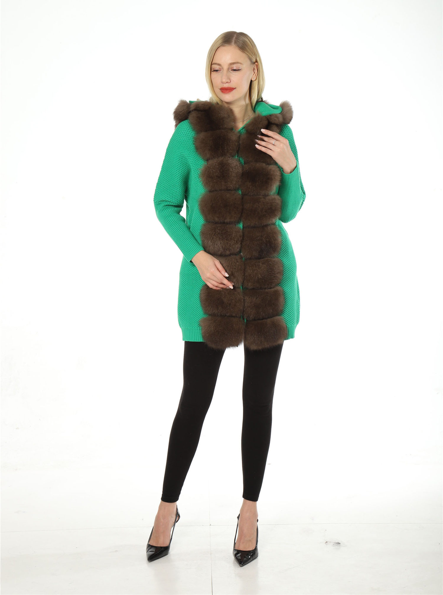 wool cardigan with fox fur front with hood trimming knitting jacket lvcomeff 2210015 - Image 4