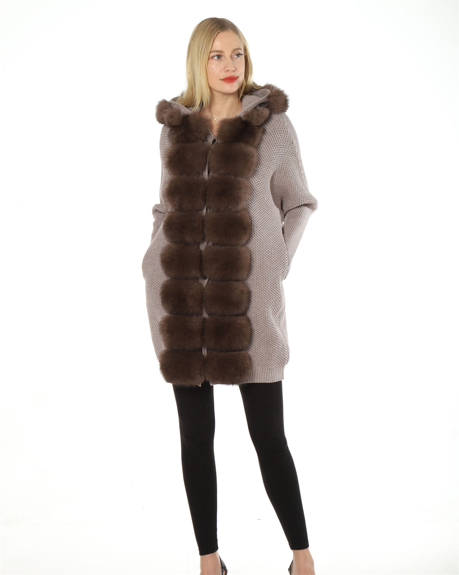 wool cardigan with fox fur front with hood trimming knitting jacket lvcomeff 2210015 - Image 3