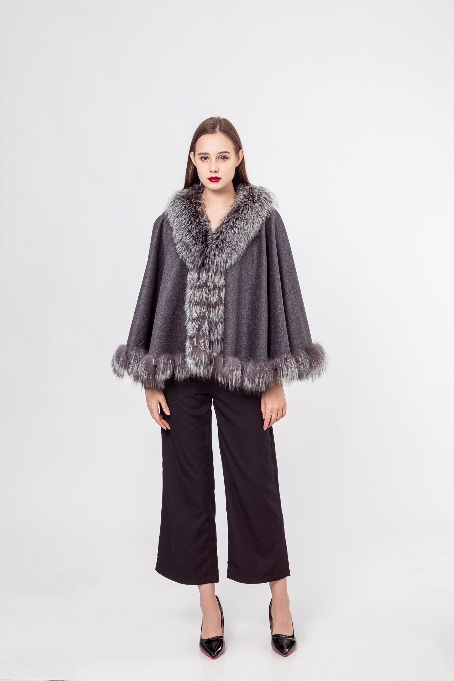 women cape fox fur collar 100% wool shawl lvcomeff 210725 - Image 3