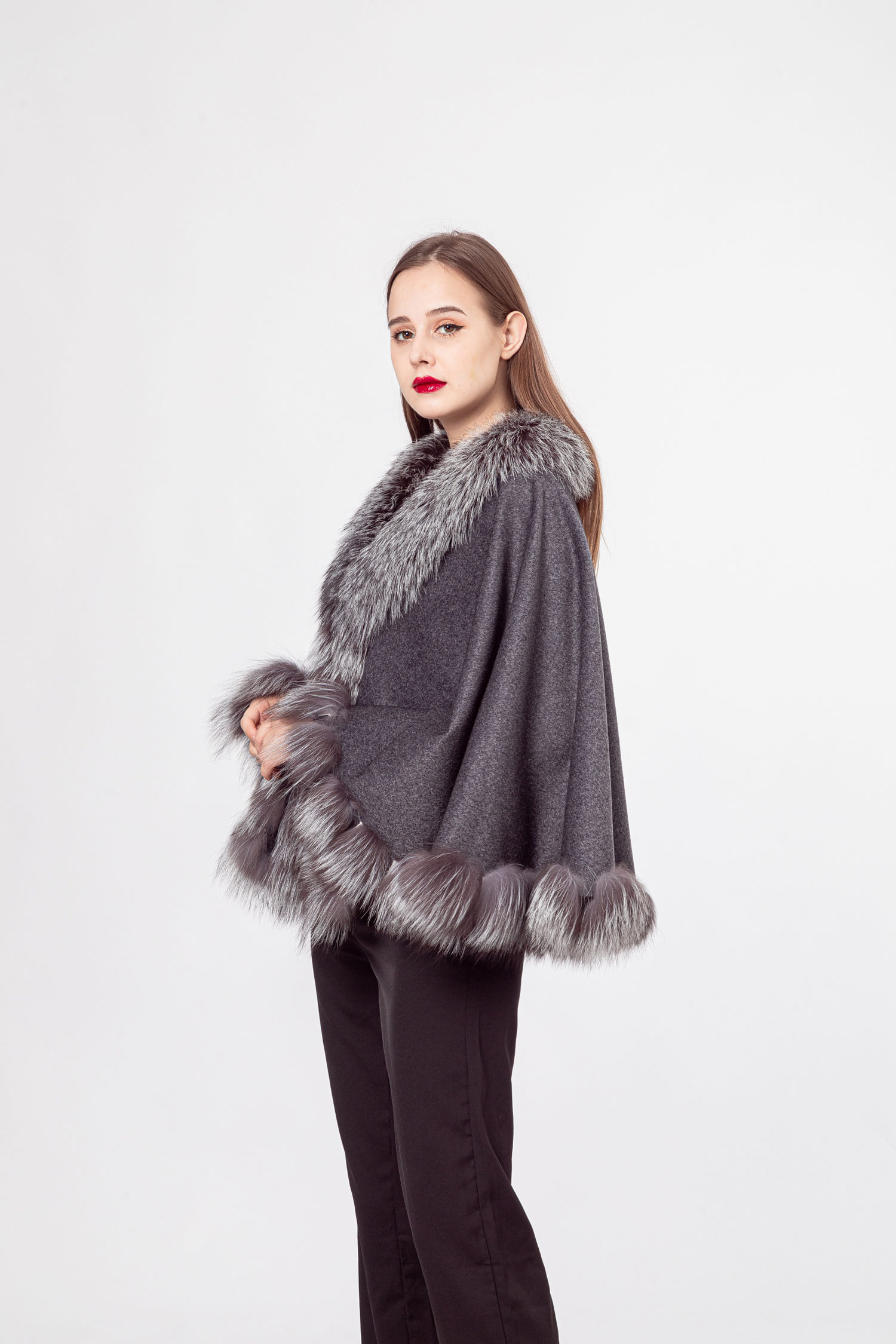 women cape fox fur collar 100% wool shawl lvcomeff 210725 - Image 4