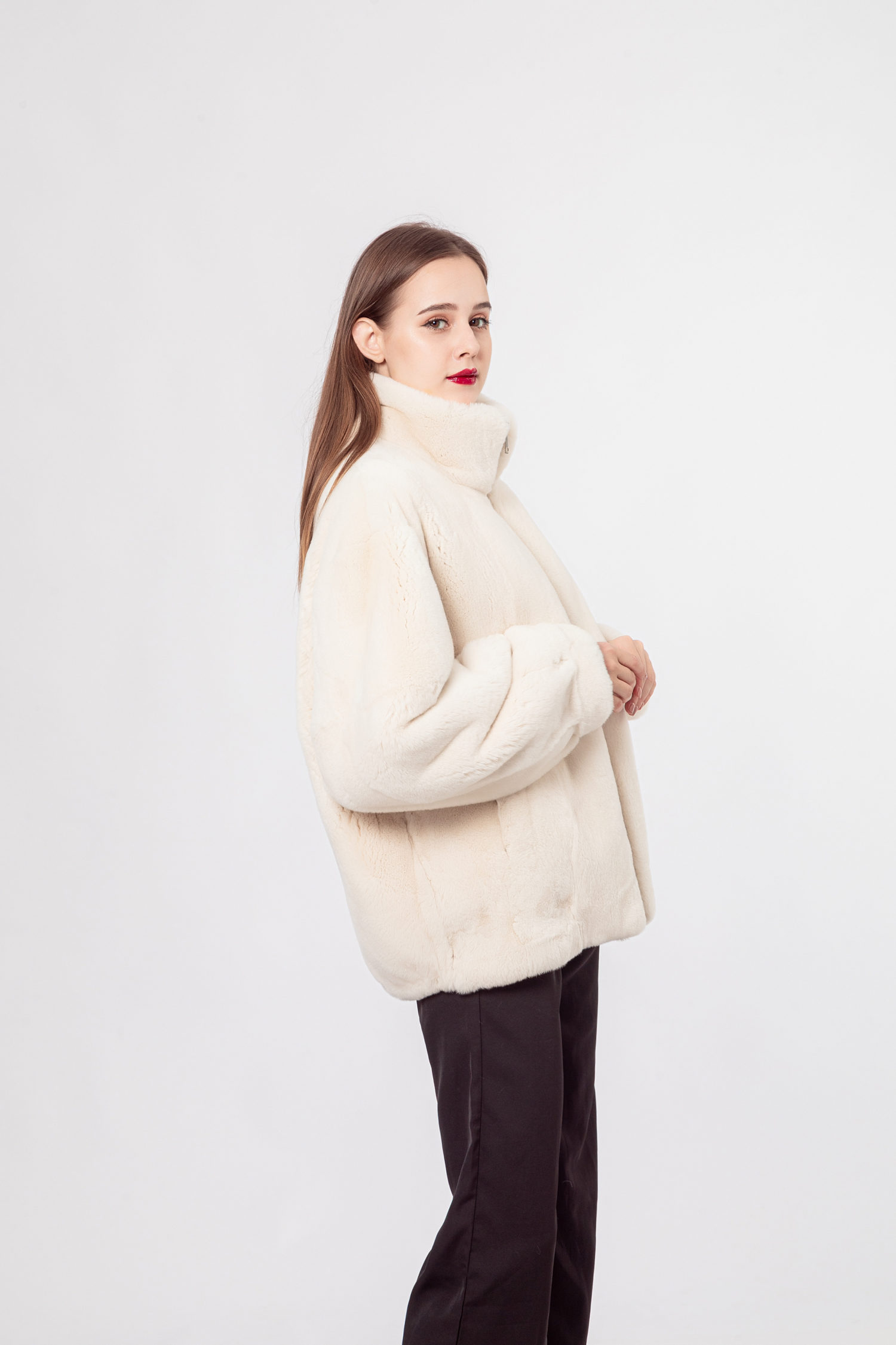 solid color pink brown full sleeve rex rabbit fur coat for women lvcomeff 210726 - Image 3