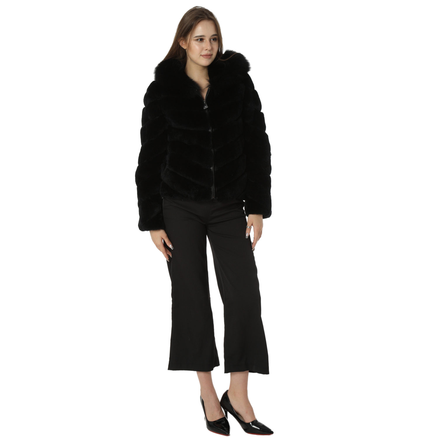 real rex rabbit fur coat with hood 100% wool bottom lvcomeff 220613 - Image 5